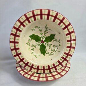 Los Angeles Pottery Laurie Gates Holiday Soup Bowl Green & Red Holly & Plaid